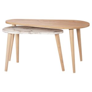 Coffee tables 2pcs, Aprilia, 03 melamine in natural and white marble-wooden legs in natural 94x47x47.5hcm Hm18179