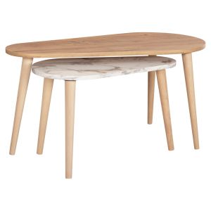 Coffee tables 2pcs, Aprilia, 03 melamine in natural and white marble-wooden legs in natural 94x47x47.5hcm Hm18179