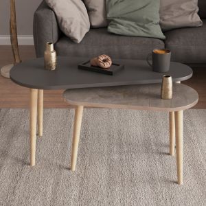 Coffee tables 2pcs, Aprilia melamine in anthracite and gray marble-wooden legs in natural 95x47x47hcm Hm18179