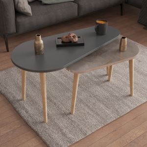 Coffee tables 2pcs, Aprilia melamine in anthracite and gray marble-wooden legs in natural 95x47x47hcm Hm18179