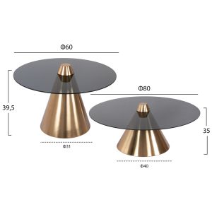 Coffee tables 2pcs, Reben metal in gold-black glass top D80xd60cm Hm9919