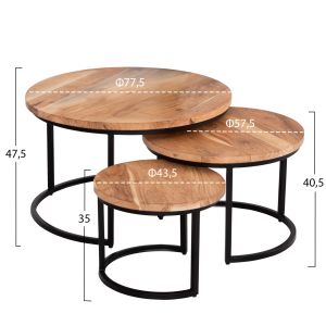 Coffee tables 3 pcs. Obi Hm9255.21 tropical acacia solid wood - black metal legs Φ77.5x47.5hcm.