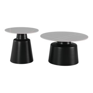 Dualis coffee tables set of 2, black metal-sintered stone in gray marble color
