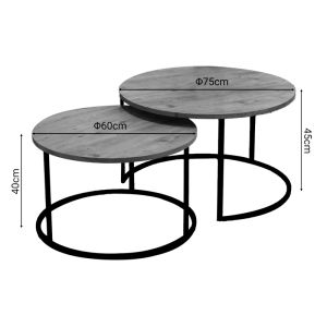 Coffee tables Solme set of 2, melamine top, natural color, and black metal legs