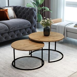 Coffee tables Solme set of 2, melamine top, natural color, and black metal legs