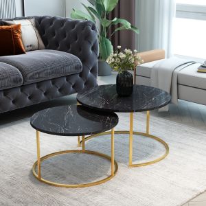 Coffee tables Solme set of 2 pieces made of melamine top in black marble color and gold metal legs