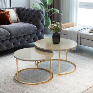 Coffee tables Solme set of 2 pieces made of melamine, beige color with gold metal base