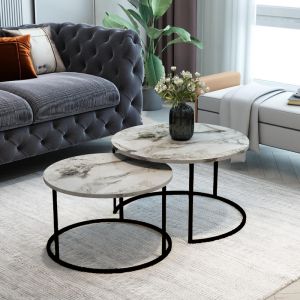 Coffee tables Solme set of 2 pieces made of melamine, white marble color, with black metal base