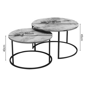 Coffee tables Solme set of 2 pieces made of melamine, white marble color, with black metal base