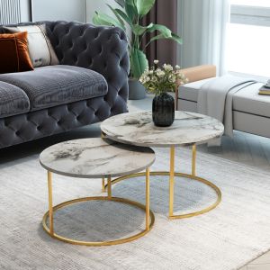Coffee tables Solme set of 2 pieces made of melamine, white marble color, with a gold metal base