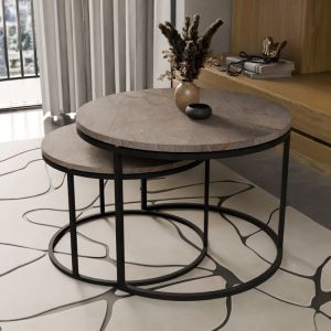 Coffee tables Solme set of 2 made of melamine, gray marble color, with black metal base