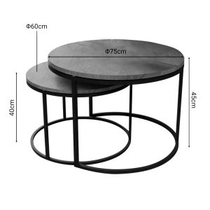 Coffee tables Solme set of 2 made of melamine, gray marble color, with black metal base