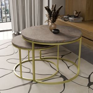 Coffee tables Solme set of 2 pieces made of melamine, gray marble color, with a gold metal base