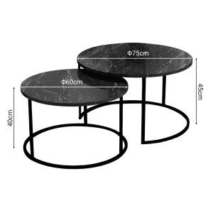 Coffee tables Solme set of 2 made of melamine, black marble color, with black metal base