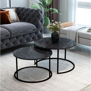 Coffee tables Solme set of 2 made of melamine, black marble color, with black metal base