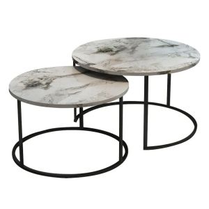 Solme coffee tables, 2 pcs., white marble look with black metal legs
