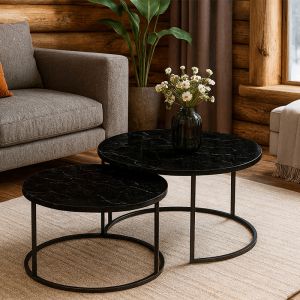 Solme coffee tables, 2 pcs., black marble look with black metal legs