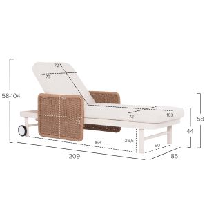 Шезлонг Destiny Zen Sm6182, бяла алуминиева рамка и възглавници,подлакътници естествен ратан 205,5x86x58-104в см.
