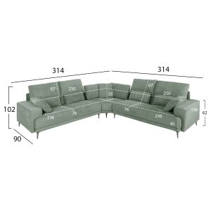 Corner sofa Symmetry mint color - anthracite legs 314x236x90-102hcm Hm3269