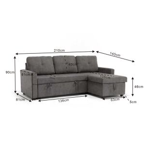 Napora corner sofa bed with storage, gray fabric, 214x83/138x90cm