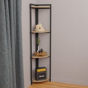 Corner floor shelf Byrk with oak-colored melamine tops and black metal frame 30x30x160cm