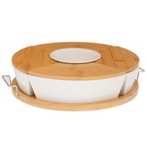 Bamboo plate with 5 ceramic bowls D32 28.5X7 cm