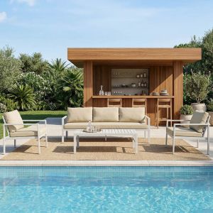 Градински сет Gardenly I, 4 части, алуминий, бял цвят, със сиво-бежови възглавници