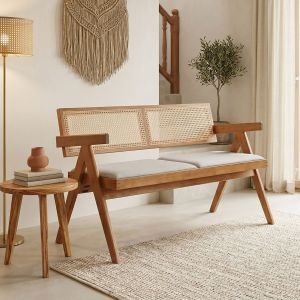 Winslow two-seater sofa made of rubber wood in light walnut color - light gray fabric 130x60x77.5 cm