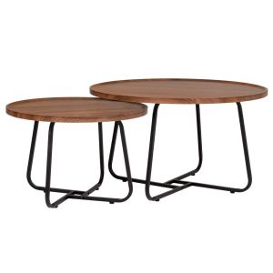 Set of 2 brown round side tables made of MDF with black metal legs 60X39 cm