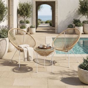Acapulco garden chair set, 3 pieces, white metal frame with natural PE rattan, dimensions 50x52 cm