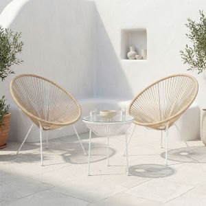 Acapulco garden chair set, 3 pieces, white metal frame with natural PE rattan, dimensions 50x52 cm