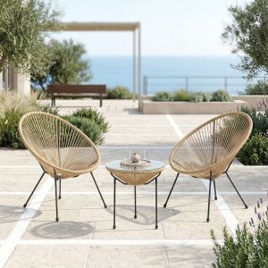 Acapulco garden chair set, 3 pieces, black metal frame with natural PE rattan, dimensions 50x52 cm