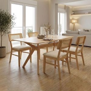 Raffles 5-piece table and chair set, rubber wood with natural polyrattan 150x90x76cm