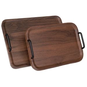 Set of 2 brown rectangular MDF trays with black handles