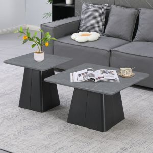 Set of 2 square coffee tables with metal base made of black sintered stone in gray marble color