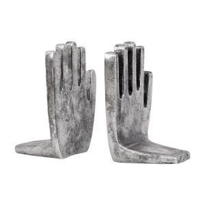 Set of 2 metal bookends hands Fl76638 silver antique color 11x9x15cm