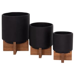 Set of 3 pots/vases with teak bases Tanti HM4685.01 fiber cement in black