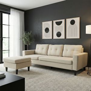 Maneli reversible corner sofa, beige-sand, fabric, 196x138/77x82cm