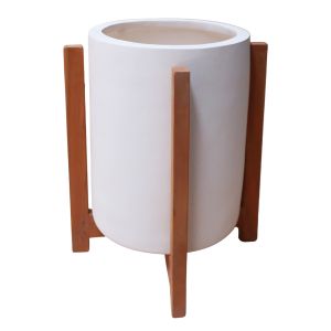 Саксия Hoff HM4682.02S от фиброцимент в бяло - основа от тиково дърво Φ33X42HCM
