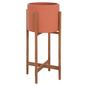 Саксия Rentil HM4684.08S фиброцимент в цвят теракота - основа от тик Φ27X56HCM
