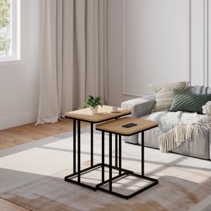 Set of 2 Dunest side tables in natural shade - black metal legs 54x40x60cm
