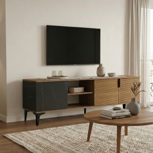 Riba TV cabinet, walnut-black marble look, 180x34x51cm