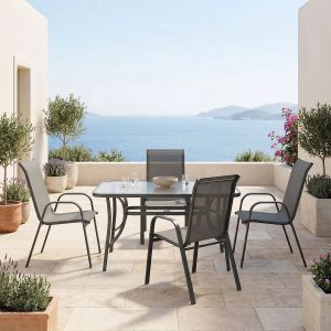 Ensure Calan dining table set of 5 pieces, anthracite, metal with glass, 120x70x70 cm