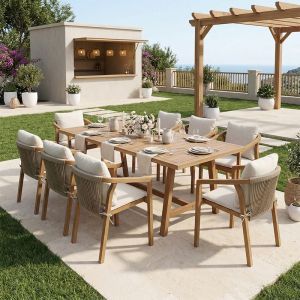 Malibu 9-piece dining table, solid acacia wood, 180x90x75 cm