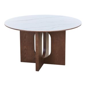 Dining table Merge sintered stone-MDF in white marble color - walnut base D130x75cm