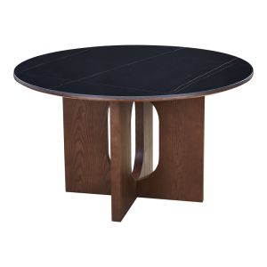 Dining table Merge sintered stone-MDF in black marble color - walnut base D130x75cm