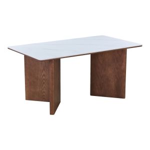 Dining table Versy sintered stone-MDF in white marble color - walnut base 160x90x75cm