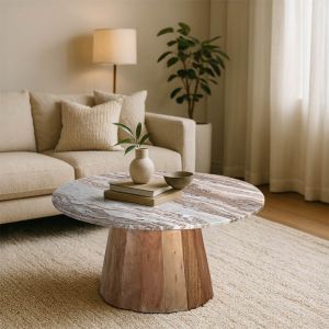 Coffee table Ezerdian solid acacia wood in natural color and marble top Diameter 90x45 cm