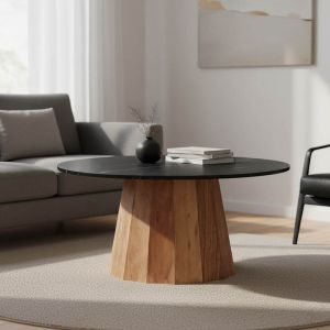 Coffee table Ezerdian solid acacia wood in natural color and black marble top Diameter 90x45 cm
