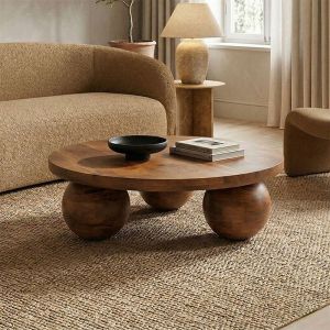 Coffee table Fedena solid mango wood, walnut, diameter 90x30 cm
